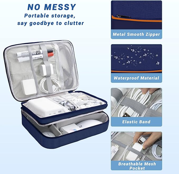 Miavers Electronics Organizer,Travel Cord Organizer Pouch, Portable Cable Organizer Bags, Waterproof Electronic Accessories Storage Case for Cables, Cords, Charger, Phone (Three Layer-NavyBlue)