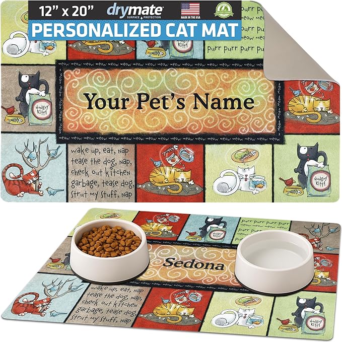 Drymate Personalized Pet Bowl Placemat, Custom Dog & Cat Food Feeding Mat - Absorbent Fabric, Waterproof Backing - Machine Washable/Durable (USA Made) (12" x 20") (Kitty Chaos)
