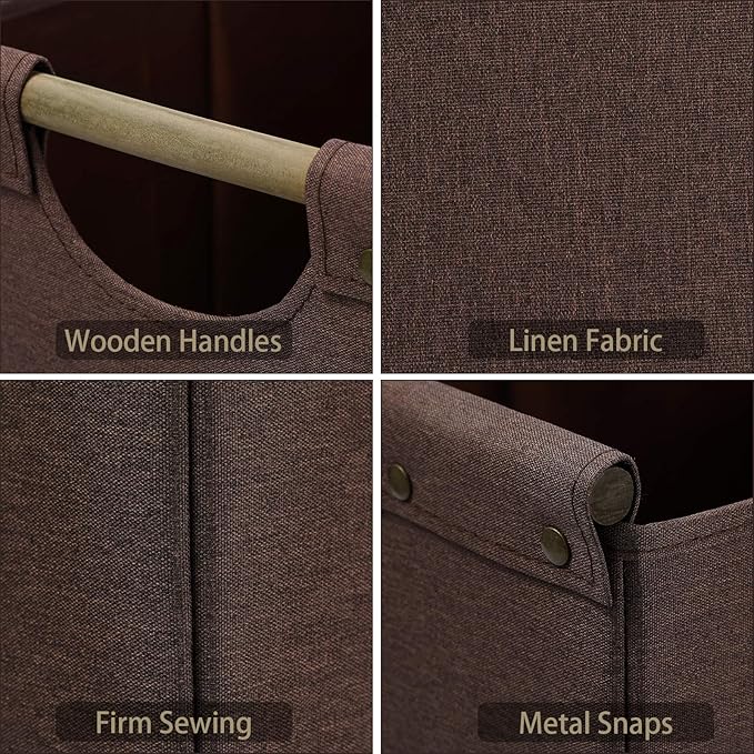 HOONEX Collapsible Storage Bins, 13x13x13 Inches Storage Cubes Linen Fabric, 3 Pack, Storage Baskets with Wooden Carry Handles and Sturdy Heavy Cardboard, for Home, Office, Car, Nursery, Brown