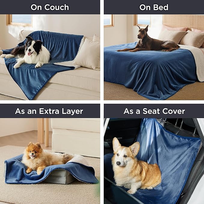 Bedsure Waterproof Dog Blankets for Extra Large Dogs - XL Cat Blanket Washable for Couch Protection, Sherpa Fleece Puppy Blanket, Soft Plush Reversible Throw Furniture Protector, 50"x60", Blue