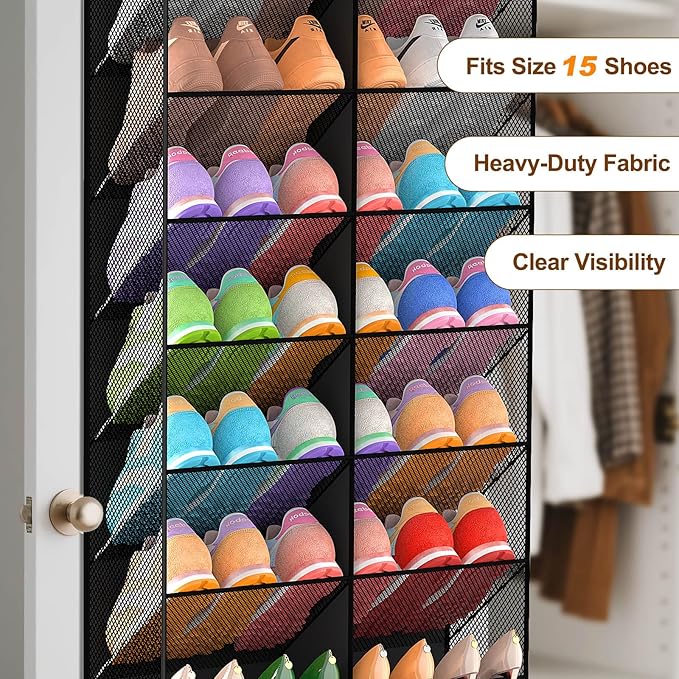 UVIAHOMI 30 Pairs Over the Door Shoe Organizer, Breathable Mesh Pocket Hanging Shoe Storage for Closet, 10-Tier Door Shoes Rack, Handing Shoes Holder Fit All the Family's Sneakers, Boots, Heels, Black