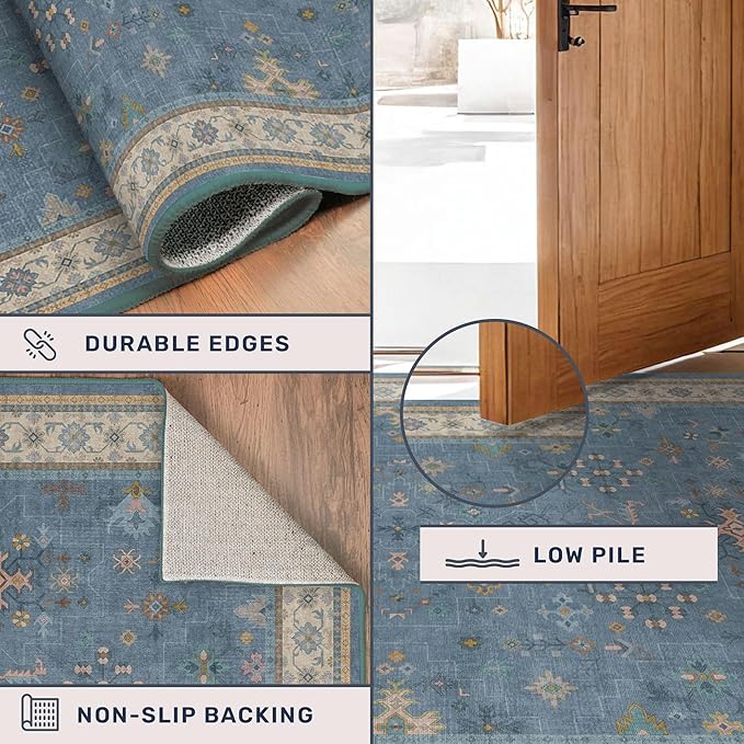 Boho 7x10 Accent Area Rugs for Living Room - Dusky Blue Rug for Bedroom Under Bed, Dining Room Under Kitchen Table, Washable Soft Non Slip Unique Colorful Indoor Décor