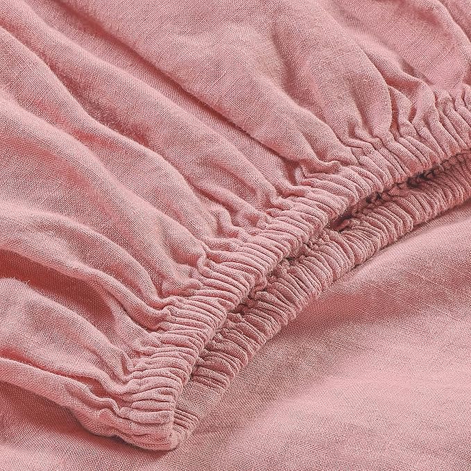 Sijo Stone Washed Organic French Linen Bed Sheet Set, GOTS Certified Organic, Best Cooling Linen Sheet Award by Sleep Foundation, 3 Piece - 2 Pillowcases and 1 Fitted Sheet (Pink Clay, Cal King)