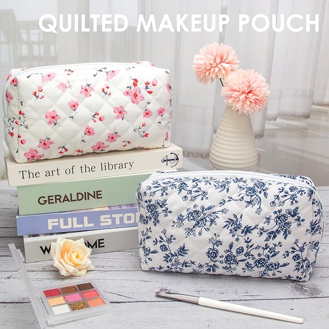 PAZIMIIK 6PCS Vintage Quilted Makeup Bag SET Cosmetic Pouch for Brushes Pencils and Travel Make Up Accessories for Women and Girls Jouy Blue