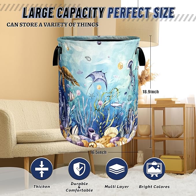 Sea Turtle Laundry Basket Oxford Cloth Ocean Animals Fish Coral Laundry Hamper With Handle Portable Clothes Storage Basket Foldable Turtles Laundry Bag 18.9"x16.5" For Laundry Room/Bedroom/Bathrooms