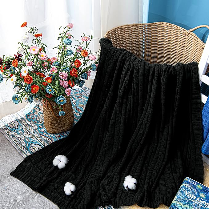 NTBAY 100% Pure Cotton Cable Knit Throw Blanket, Super Soft Warm 51x67 Knitted Throw Blanket for Couch, Sofa, Chair, Bed - Extra Cozy, Machine Washable, Comfortable Home Decor, Black