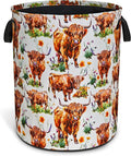 Highland Cow Laundry Basket Funny Cattle Foldable Waterproof Oxford Cloth Tote Bag Laundry Hamper Round Large Clothes Storage Bucket Toy Organizer For Bathroom/Laundry Storage/Bedroom 18.9x16.5 Inch
