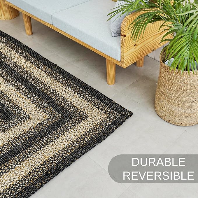Traditional Jute Braided Runner Rug, Rustic Primitive Country Décor for Kitchen, Entryway, Hallway, Midnight Naturals, 2'6"X16'
