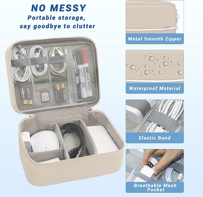 Miavers Electronics Organizer,Travel Cord Organizer Pouch, Portable Cable Organizer Bags, Waterproof Electronic Accessories Storage Case for Cables, Cords, Charger, Phone (Double Layer-Beige)