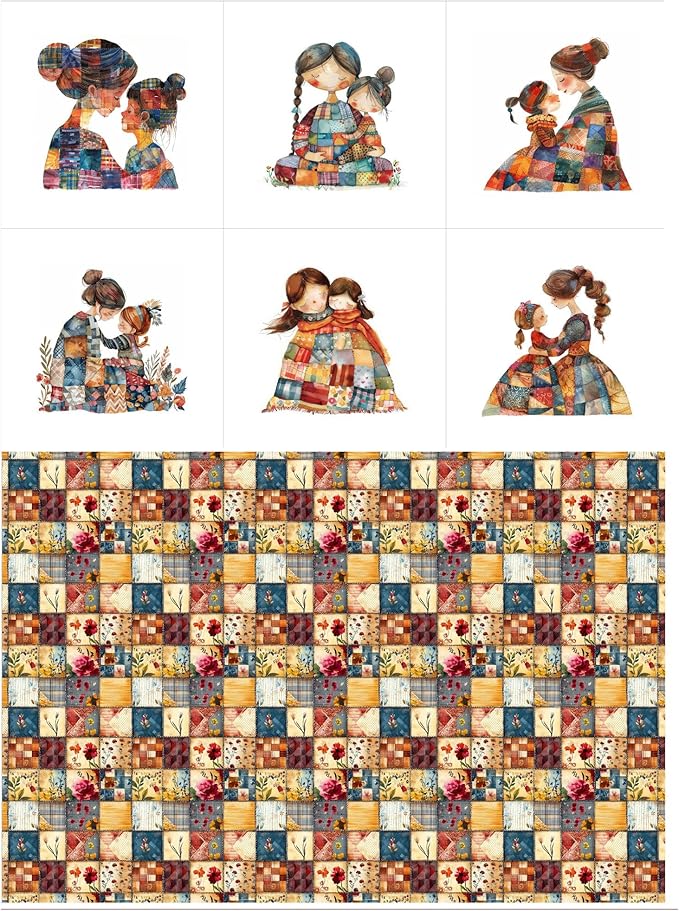 Patchwork Mother & Daughter Cotton Fabric Panel – 6 Designs (10×10 inch Each) + Bonus Sheet 29.5×19.6 inch, 100% Cotton 140 GSM, Made in Türkiye