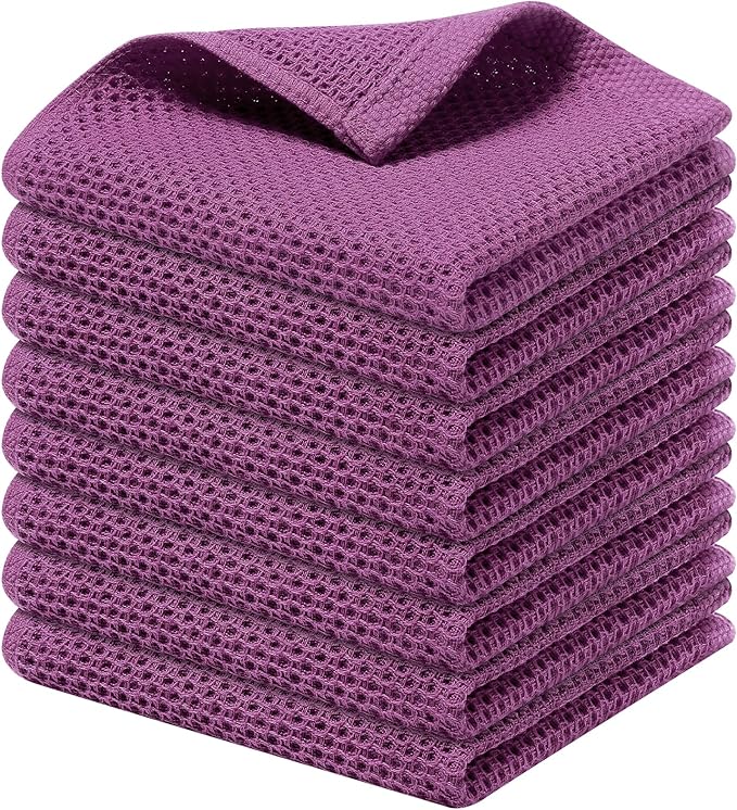 Kitinjoy 100% Cotton Kitchen Dish Cloths, 8 Pack Waffle Weave Ultra Soft Absorbent Dish Towels for Drying Dishes Quick Drying Kitchen Towels Dish Rags, 12 X 12 Inches, Violet