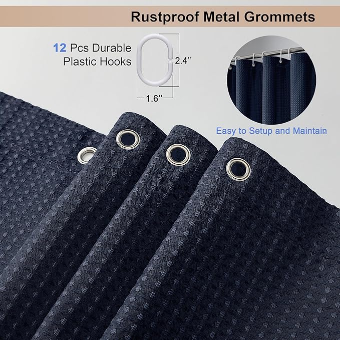 OVZME Extra Long Shower Curtain Set - 84 Inch Long Waffle Weave Heavy Duty Cloth Shower Curtain for Bathroom, Luxury Weighted 230GSM Bath Curtain Set with 12 Plastic Hooks, 72x84, Navy Blue