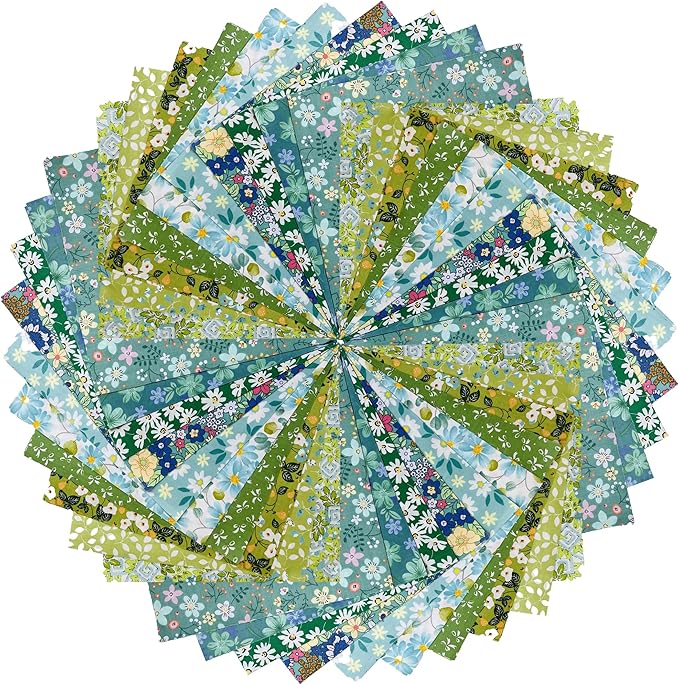 HANPATQUI 50PCS 12 x 12 inch Green Printed 100% Cotton Fat Quarters Fabric for Sewing and Quilting Bundles Precut Fabric Square for DIY Craft Patchwork