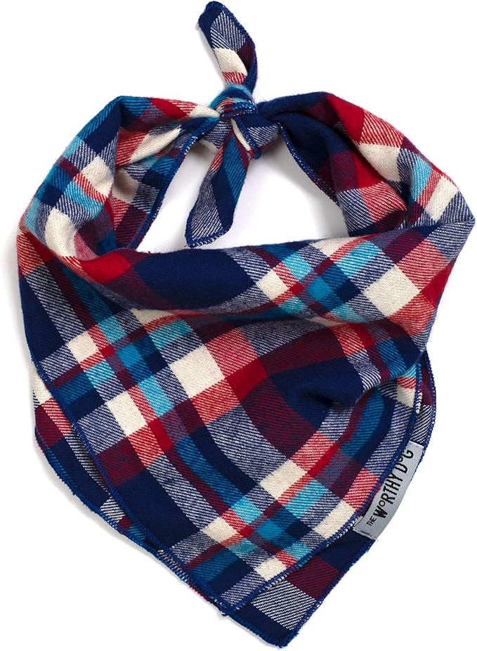 THE WORTHY DOG Classic Tie-On Dog Bandana – Soft Cotton Flannel Square Pet Bandana, Navy/Red/Turq Pattern, Multicolored, Large
