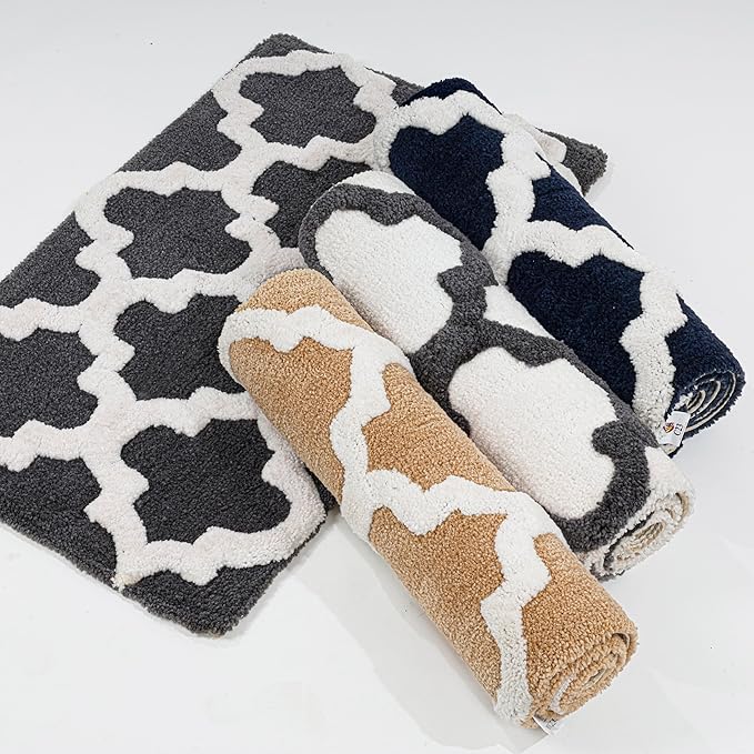 C23 Luxury Trellis Bath Rug Set of 2 (White & Grey) 20"x32" & 16"x24" | 2200 GSM Ultra-Thick High-Density Plush | Decorative Non-Slip Bathroom Mats | Hotel Quality, Machine Washable