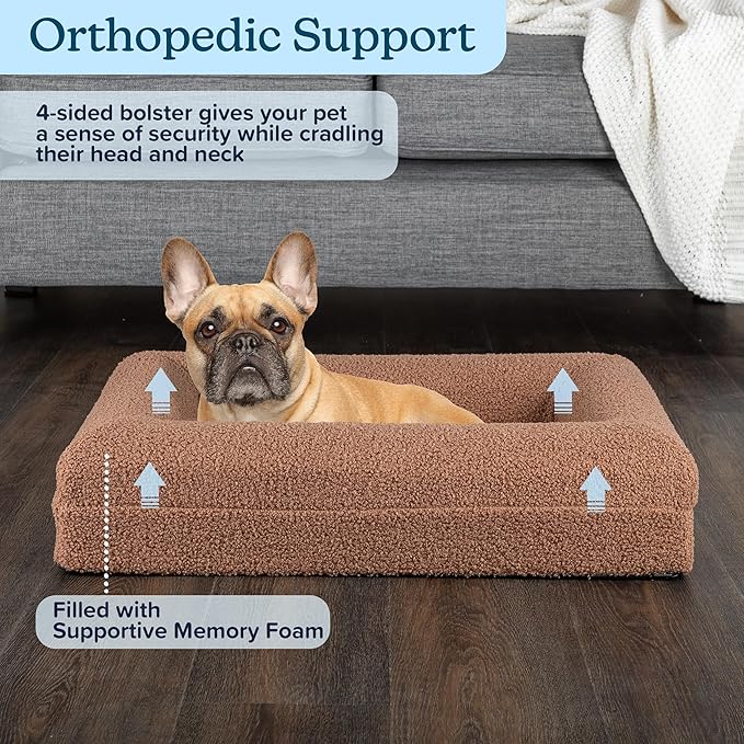 PETMAKER Orthopedic Pet Bed - 26in Small Dog Bed with Supportive Bolster, Nonslip Bottom, and Removable Washable Cover - Memory Foam Puppy Bed for Small Dogs and Cats - Dog Products (Brown)