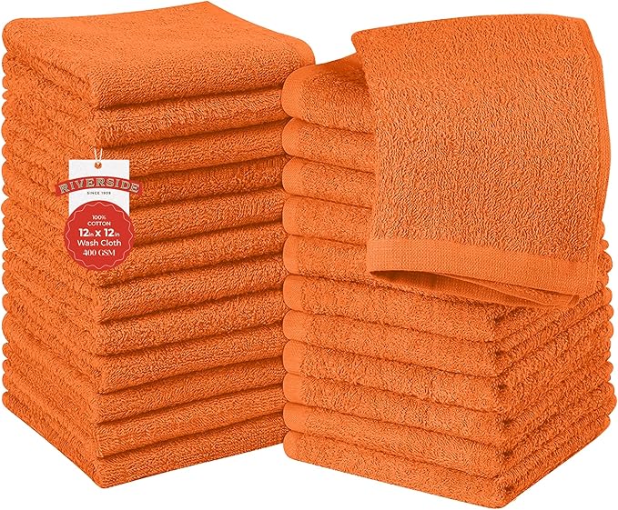 RIVERSIDE 24 Pack Washcloths Set - 100% Cotton [12x12 Inches] - 500 GSM, Soft, Quick-Dry & Highly Absorbent Face Towels - Perfect for Bathroom, Gym, Hotel, Spa & Travel - Orange