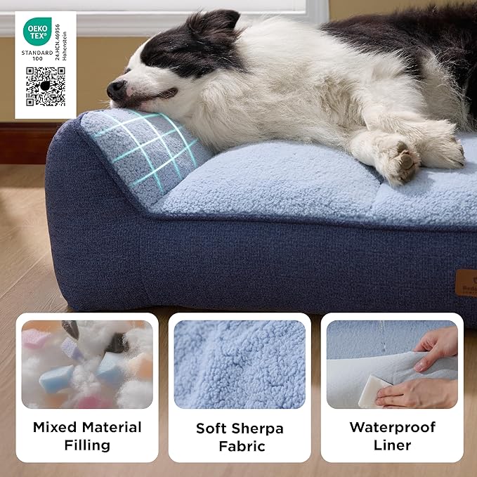 Bedsure Orthopedic Dog Bed Medium Size Dog - Extra Thick Supportive Medium Dogs Beds with Waterproof Washable Cover, Comfort Pet Bed Sofa with Soft Plush Sherpa and Nonskid Bottom, Blue, 35"