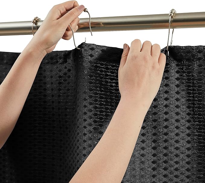 Indecor Home Luxury Dobby Weave Shower Curtain Elegant Hotel Style Fabric for Bathroom, Water Repellent, Machine Washable Black Dobby