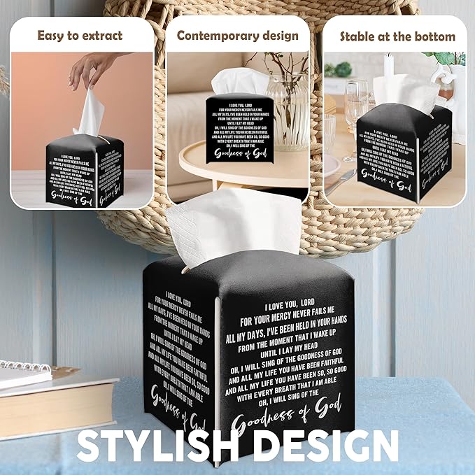 Christian Decorative Tissue Box Cover Square, Black Tissue Box Cover Leather, Inspirational Quote Gift Ideas for Family Friends, Goodness of God Decor for Bathroom Office-(5.2 Inches)