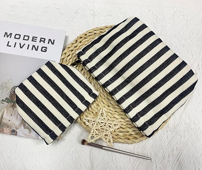 getgto 2 Pcs Makeup Bags, Large Cosmetic Bag Travel Toiletry Bag Organizer for Women, Embroidery Craft, Stripe Makeup Bag Small Cosmetic Pouch Purse with Zipper Gifts for Girls Teen