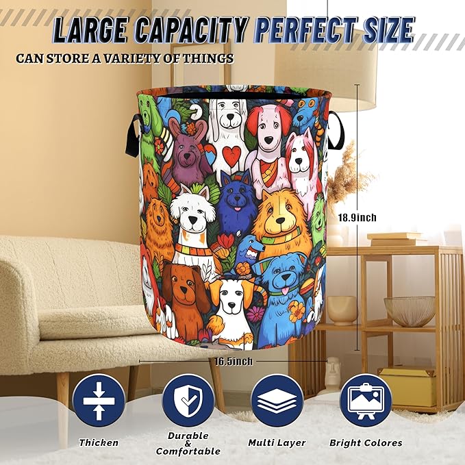 Colorful Dogs Pattern Laundry Hamper Foldable Oxford Cloth Funny Animal Dog Laundry Basket With Handle Portable Clothes Storage Basket Laundry Bag 18.9"x16.5" For Laundry Room/Bedroom/Bathrooms