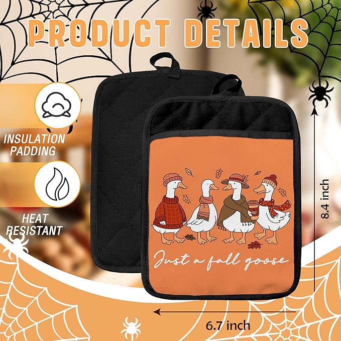Fall Goose Pot Holders with Pockets, Goose Lover Gifts, Autumn Maple Leaf Funny Cozy Geese Oven Pot Holders Heat Resistant Oven Mitts Hot Pads for Kitchen Baking Cooking