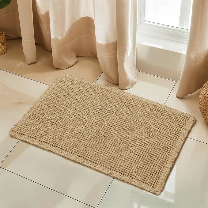 SUBRTEX Waffle Braided Bath Mat, 16" x 24" Soft Waffle Bath Rugs, Absorbent Non Slip Bathrooom Mats, Machine Washable Area Rug for Bathroom, Quick Dry, Khaki