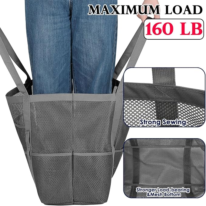 Fammart Mesh Beach Bag, Large Beach Tote with Zipper Pocket for Family Pool Bag for Toys & Vacation Essentials