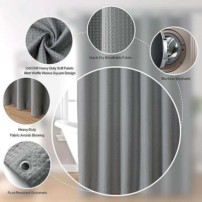 MISS SELECTEX Fabirc Shower Curtain for Bathroom, 230GSM Matt Waffle Water Repellent Durable Fabric Spa Hotel Shower Curtain, Machine Washable Cloth Shower Curtain(72Wx84H,Grey)