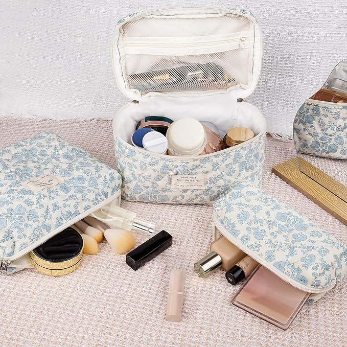 Gosect Quilted Makeup Bag Set, Large Floral Cosmetic Bag for Women, Cute Cotton Makeup Bag, Flower Travel Toiletry Organizer Bag (Yellow Daylily)