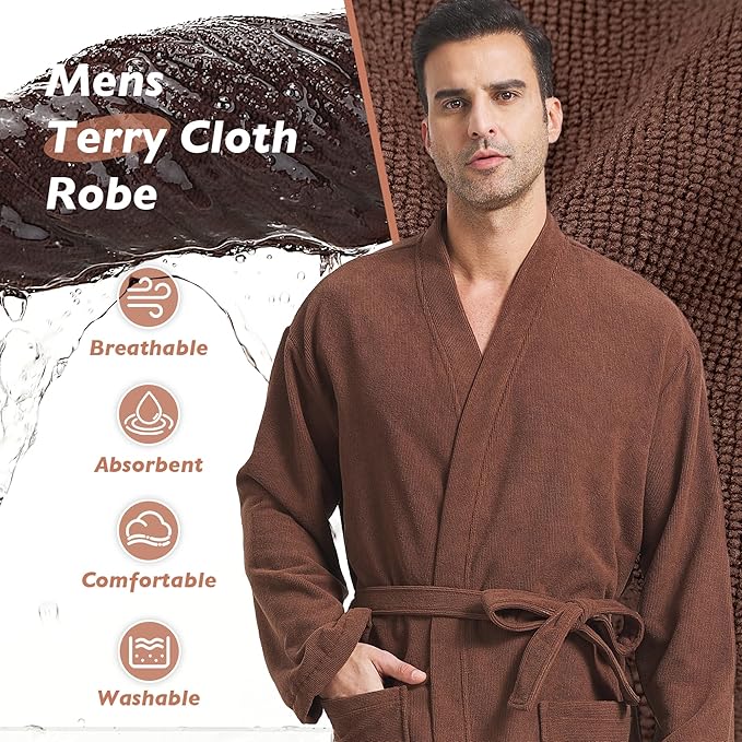 FashGudim Terry Cloth Robes for Men Big and Tall Short Mens Kimono Robe Super Absorbent Spa Bathrobe Calf Length With Pockets