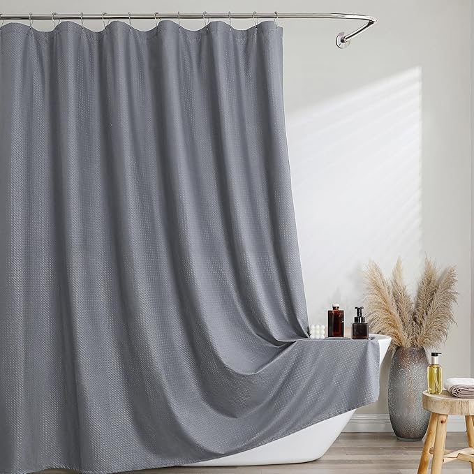 Ebesto Extra Long Grey Shower Curtain 96 Inch Long 1 Piece, Waffle Embossed Textured Fabric Shower Curtain for Bathroom Large Hotel, Water Resistant, Machine Washable, 72Wx96L Inches