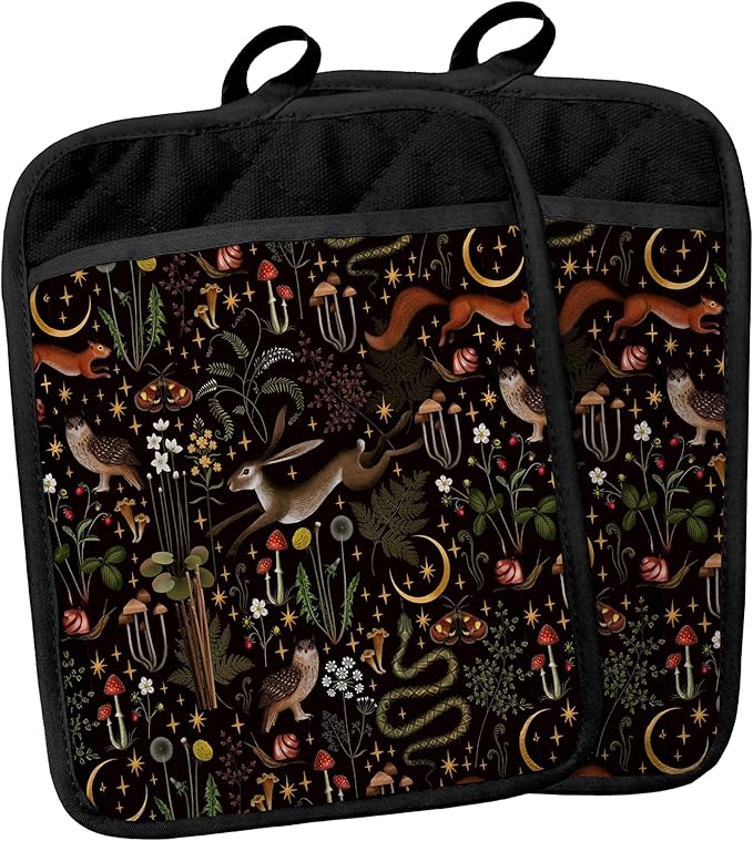 Mushroom Pot Holders with Pockets, Fairytale Wild Animal Forest Botanical Mushroom Pot Holders Heat Resistant Oven Mitts Hot Pads for Kitchen Baking Cooking,Cooking Potholder