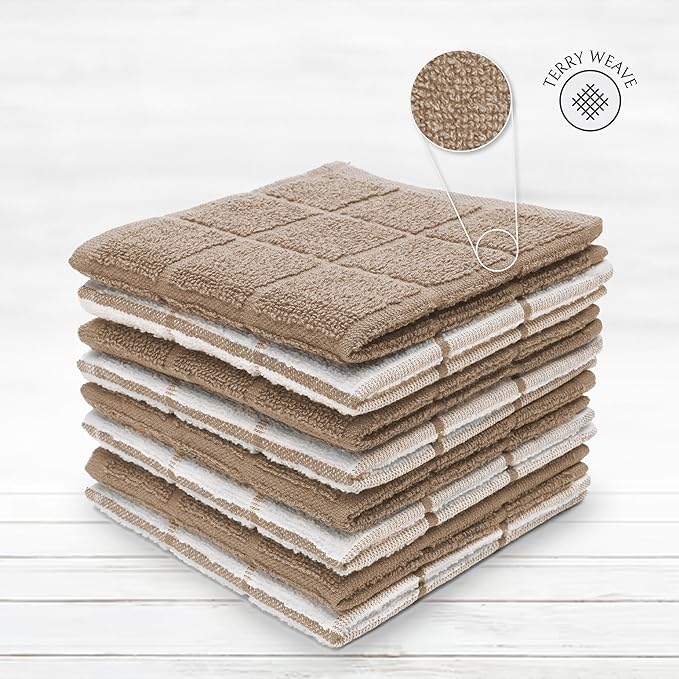 Mellow Buff 100% Cotton Terry Dish Cloth & Dish Towel, 6 Pack, Super Soft and Absorbent Kitchen Towels, Perfect for Kitchen Cleaning and Dish Washing (TAN (Solid and Checks) 8 Pack)
