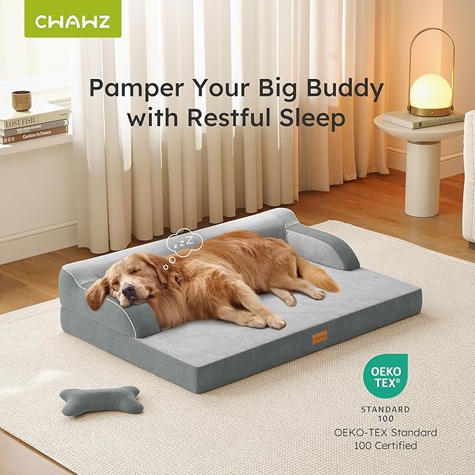 CWAWZ XXL Orthopedic Dog Bed, Big Dog Bed for Large Dogs, Dual-Sided Pet Cooling Beds with Memory Foam Washable Cover Nonslip Bottom, Waterproof Pet Couch with Bolsters, Light Grey