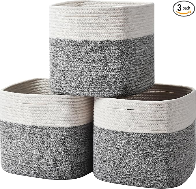 Gocjuaza 3 Pack Storage Cubes 11 Inch Cotton Rope Woven Baskets for Organizing Cube Bin Square Shelves Organizer,Classroom,Kids Toy Bins,Closet,Baby Nursery(Grey)