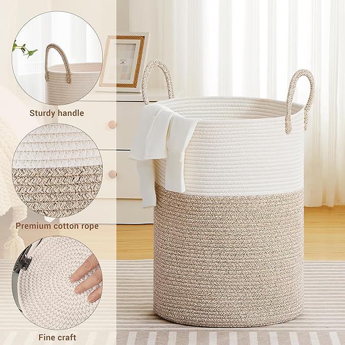 SunNewt Tall Laundry Basket with Handles, 72L Portable Dirty Clothes Hamper, Boho Cotton Rope Storage Bin for Blankets Kids Toys Gifts, Large Organizer for Baby Nursery Bedroom Bathroom, Brown