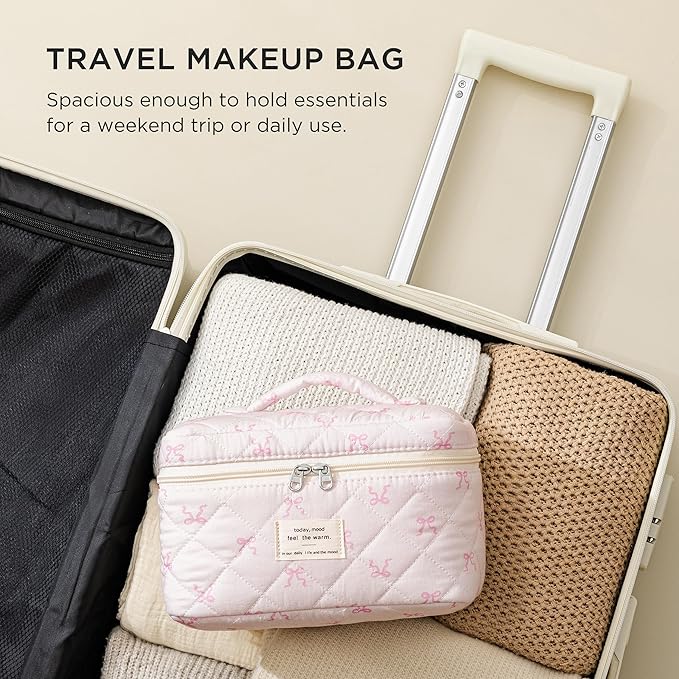 HBselect Christmas Gifts Large Quilted Makeup Bag, Cute Cotton Travel Makeup Bag with Handle, Portable Coquette Floral Make up Bags, Toiletry Organizer Make up Bags for Women Teen Girls Mom