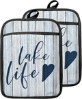 Lake Life Gifts Pot Holders with Pockets, Lake Life House Gifts for Women Oven Pot Holders Heat Resistant Oven Mitts Hot Pads for Kitchen Baking Cooking (Blue)
