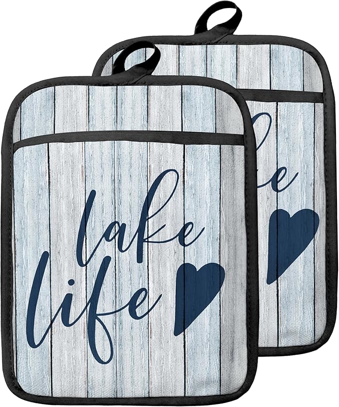 Lake Life Gifts Pot Holders with Pockets, Lake Life House Gifts for Women Oven Pot Holders Heat Resistant Oven Mitts Hot Pads for Kitchen Baking Cooking (Blue)