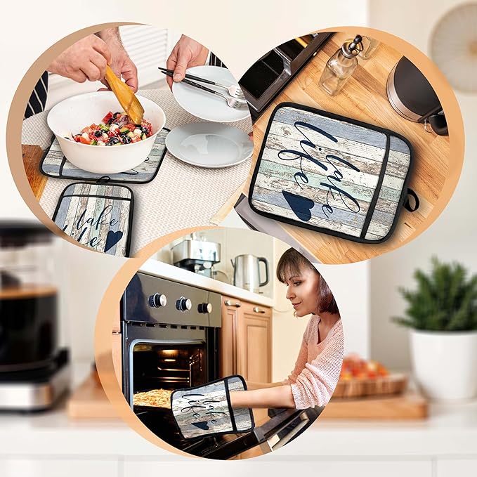 Vintage Lake Life Gifts Pot Holders with Pockets, Lake Life House Gifts for Cabin Owners Women Oven Pot Holders Heat Resistant Oven Mitts Hot Pads for Kitchen Baking Cooking