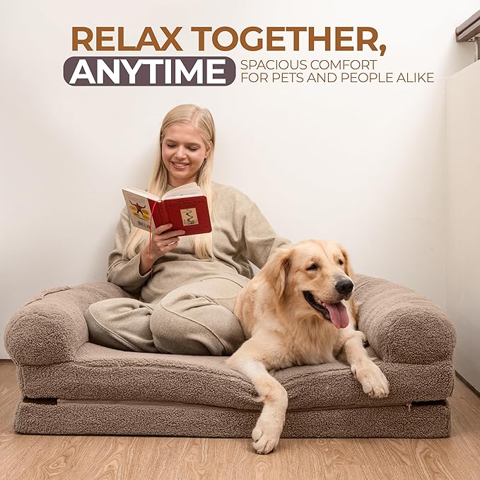 2 in 1 Human Dog Bed for Adult Foldable – Waterproof, Orthopedic Foam, Machine Washable Sherpa Cover, Non-Slip Base - Human Size Dog Bed (Almond Brown, 72x44x11)