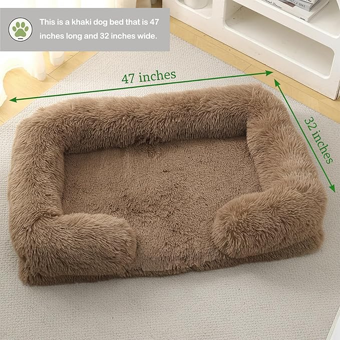 CareCooo Orthopedic Dog Bed for XXL Dogs - Washable Memory Foam Pet Sofa, Fluffy Plush Rectangular Bed, Waterproof Anti-Anxiety Couch, Khaki, XXL
