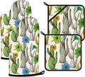 Cactus Flower Oven Mitts and Pot Holders Sets 4Pcs,Extra Long Oven Gloves Potholder for Kitchen Cooking Baking BBQ 100% Cotton Heat Resistant