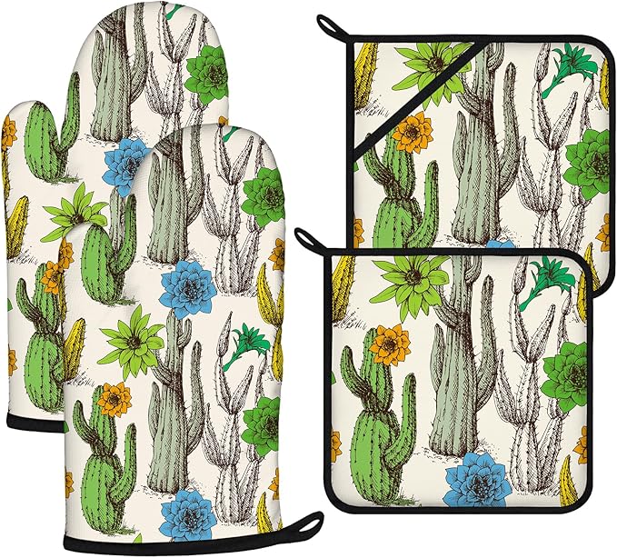 Cactus Flower Oven Mitts and Pot Holders Sets 4Pcs,Extra Long Oven Gloves Potholder for Kitchen Cooking Baking BBQ 100% Cotton Heat Resistant