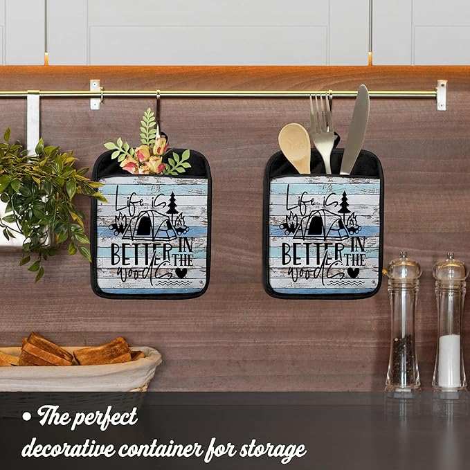 Hunting Gifts Pot Holders with Pockets, Cabin Gifts Life is Better in The Woods Pot Holders Heat Resistant Oven Mitts Hot Pads for Kitchen Baking Cooking,Potholders for Kitchens