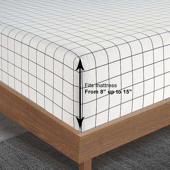 LANE LINEN 100% Organic Cotton Fitted Sheet Queen Plus Pillowcases, Soft Percale Weave Fully Elasticized Snug Fit Printed Deep Fitted Sheet Queen Fits Mattress Upto 15" - Windowpane