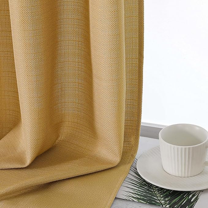 Lecloud Bessie Gold Valances for Windows 14 Inch Length 2 Pcs, Faux Linen Textured Cafe Kitchen Curtains, Rod Pocket Short Curtains, Window Valances for Bedroom Basement Bathroom, Each 30 W x 14 L