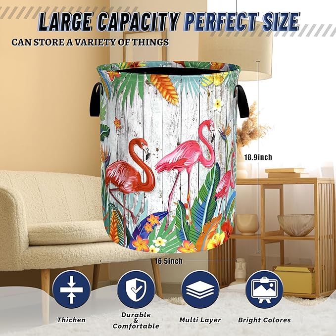 Pink Flamingo Laundry Basket Oxford Cloth Tropical Flowers Laundry Hamper With Handle Portable Clothes Storage Basket Foldable Laundry Bag 18.9"x16.5" For Laundry Room/Bedroom/Bathrooms